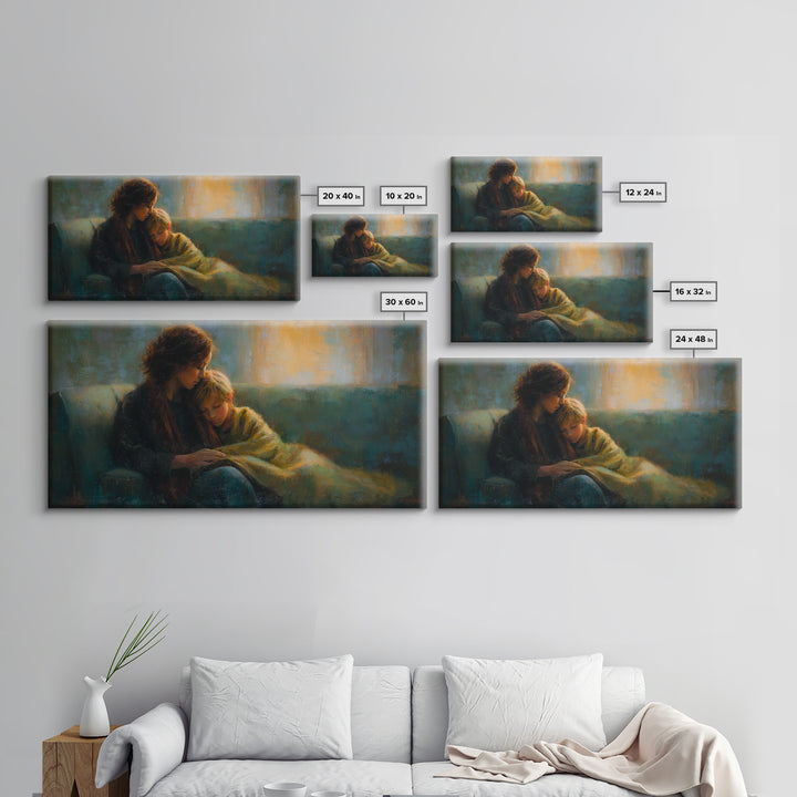 Mother Comforting Child Canvas Print, Moody Figurative Wall Art, Warm Living Room Decor, Cozy Bedroom Print, Gift For Mom