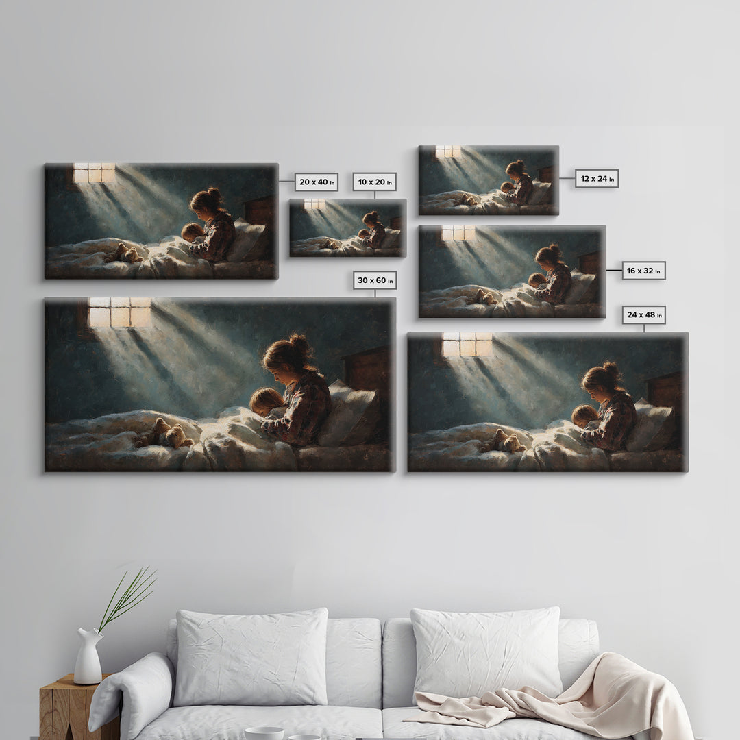 Mother Tucking Child Into Bed Wall Art, Sunlit Impressionist Nursery Decor, Cozy Bedroom Wall Decor, Teddy Bear Art Print