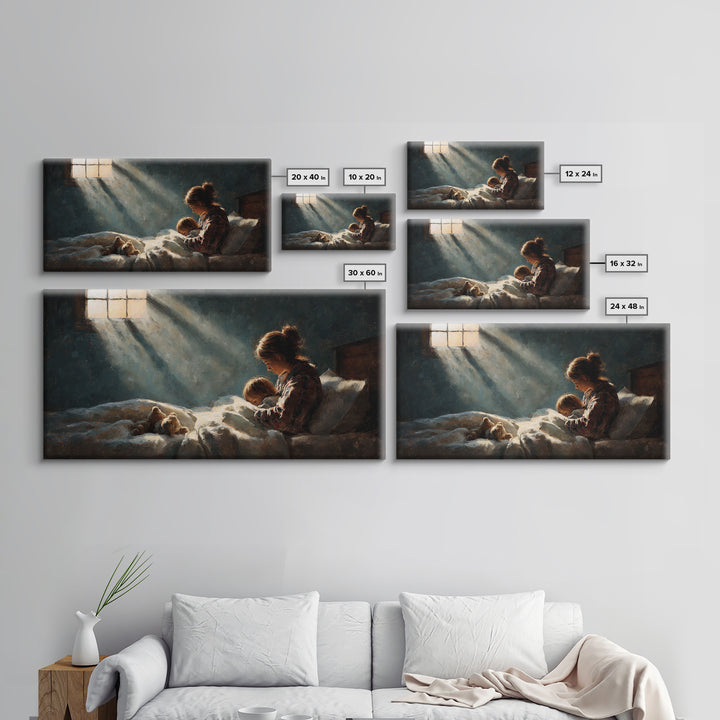 Mother Tucking Child Into Bed Wall Art, Sunlit Impressionist Nursery Decor, Cozy Bedroom Wall Decor, Teddy Bear Art Print