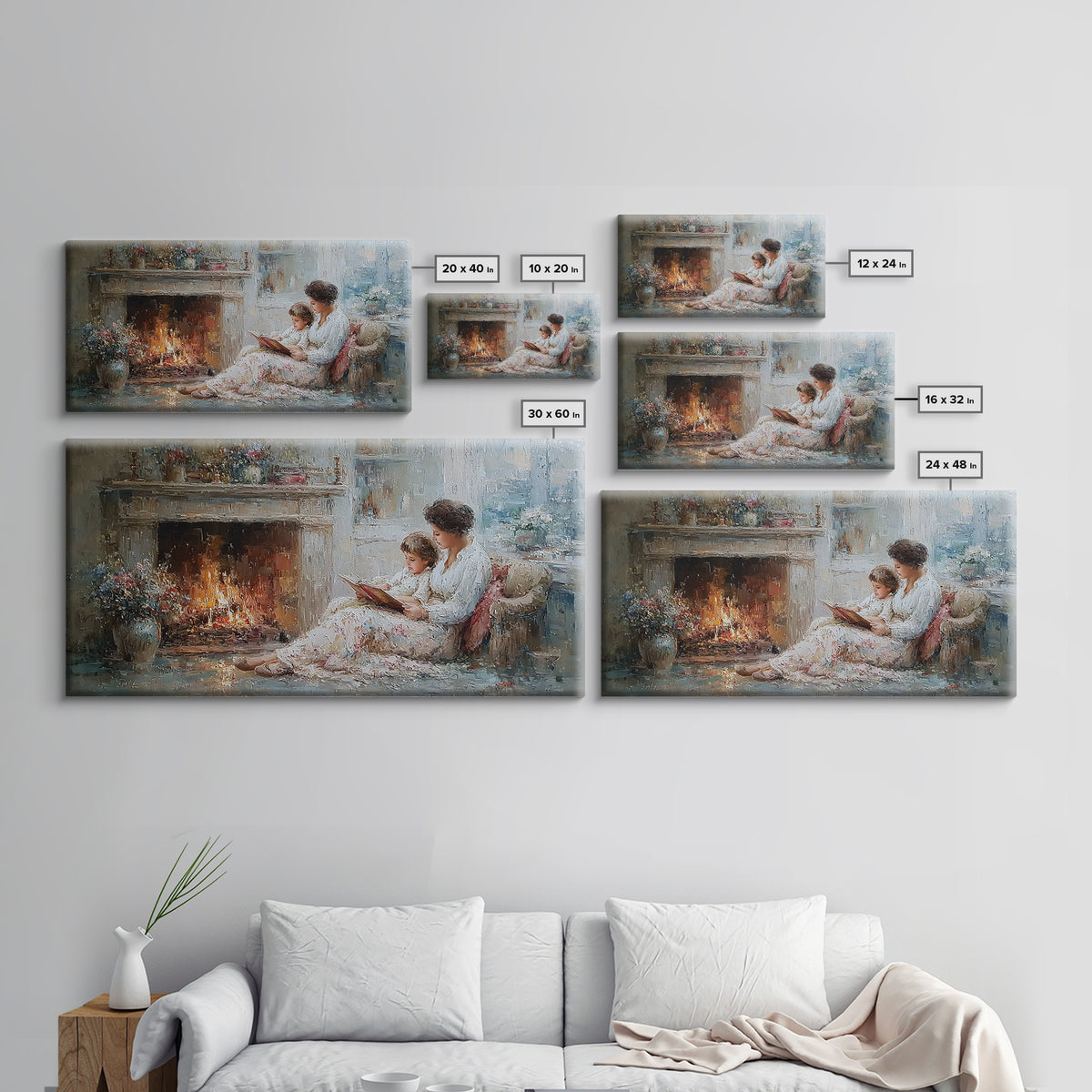 Mother And Child Reading By Fireplace Framed Canvas Print, Cozy Living Room Wall Art, Storybook Nursery Decor, Gift For Mom