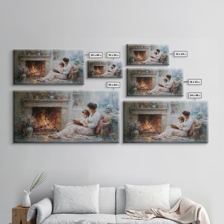 Mother And Child Reading By Fireplace Framed Canvas Print, Cozy Living Room Wall Art, Storybook Nursery Decor, Gift For Mom