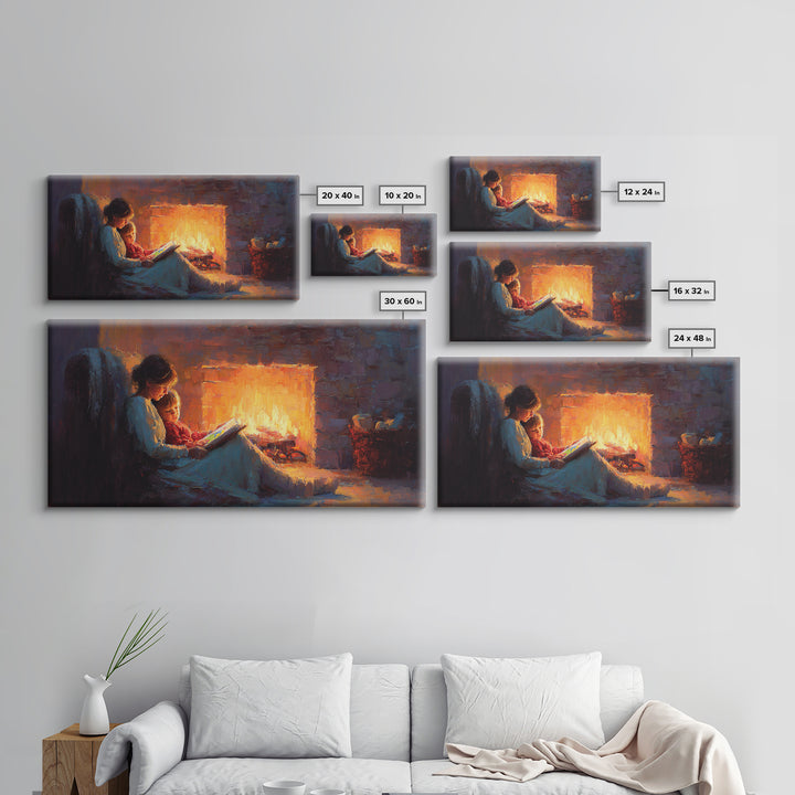 Mother And Child Fireside Reading Canvas Print, Warm Storybook Wall Art, Cozy Cabin Decor, Nursery Art, Gift For Book Lover