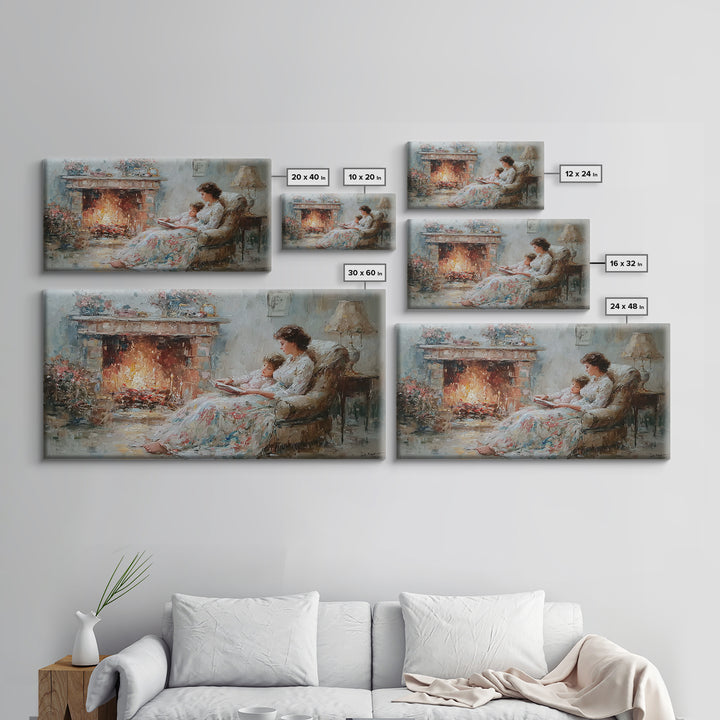 Mother And Child Reading Near Fireplace Wall Art, Impressionist Living Room Decor, Cozy Bedroom Art, Housewarming Gift Print