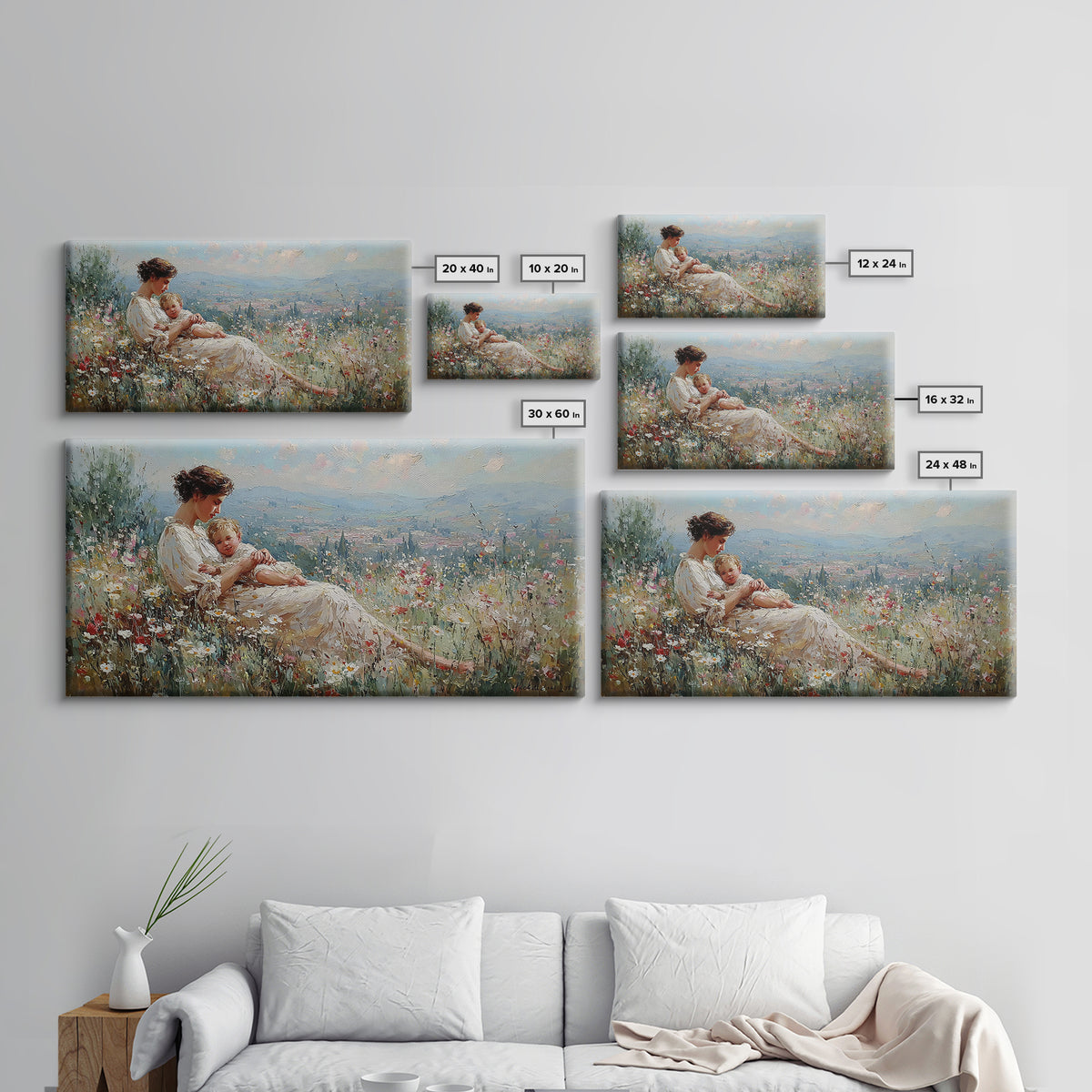 Mother And Baby Wildflower Meadow Wall Art, Impressionist Landscape Canvas Print, Nursery Decor, Gift For Mom, Home Decor