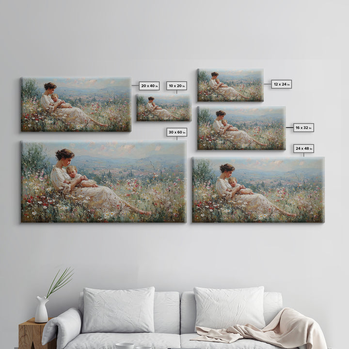 Mother And Baby Wildflower Meadow Wall Art, Impressionist Landscape Canvas Print, Nursery Decor, Gift For Mom, Home Decor