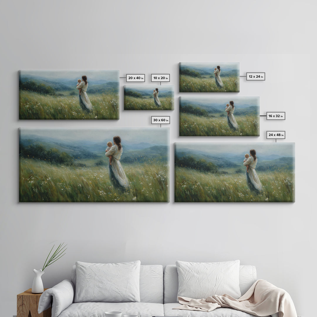 Mother Holding Baby In Misty Meadow Wall Art, Impressionist Landscape Painting, Serene Nursery Decor, Gift For Mom, Home Decor
