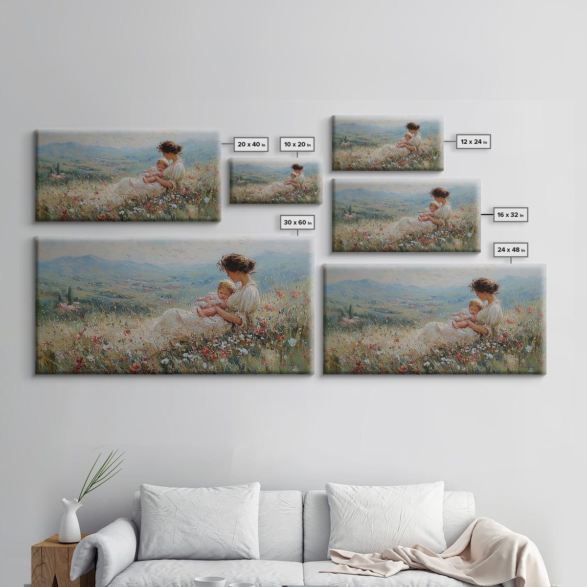 Mother And Infant In Flower Meadow Wall Art, Impressionist Landscape Canvas Print, Feminine Nursery Decor, Gift For Mom, Home Decor