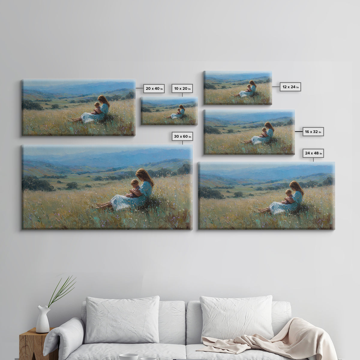 Mother And Baby In Golden Meadow Wall Art, Impressionist Mountain Landscape Canvas Print, Nursery Decor, Housewarming Gift
