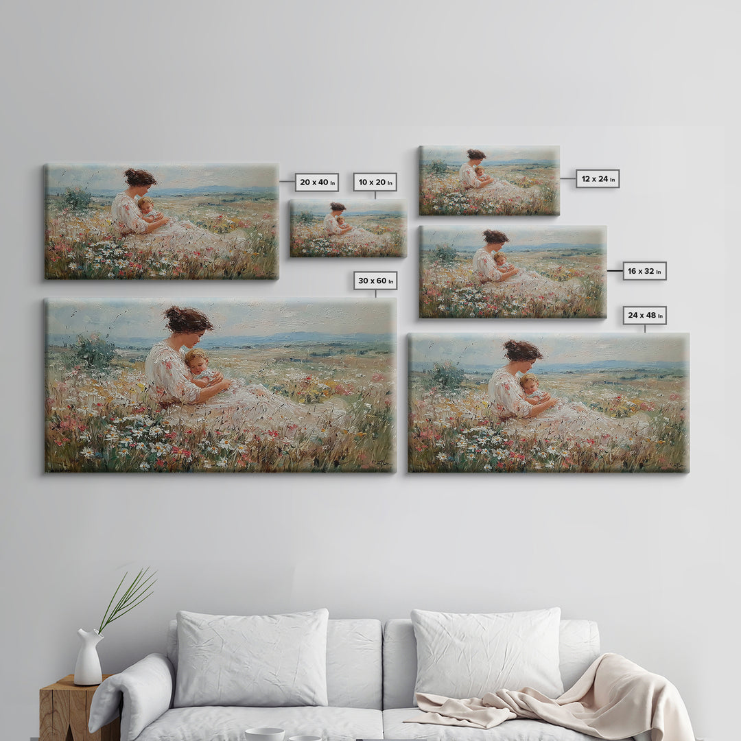 Mother Cuddling Baby In Daisy Meadow Wall Art, Textured Impressionist Canvas Print, Feminine Nursery Decor, Gift For Her