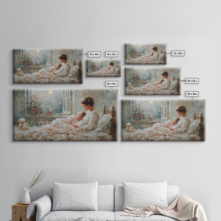 Mother And Child In Moonlit Bedroom Wall Art, Romantic Impressionist Canvas Print, Cozy Nursery Decor, Gift For Mom, Home Decor