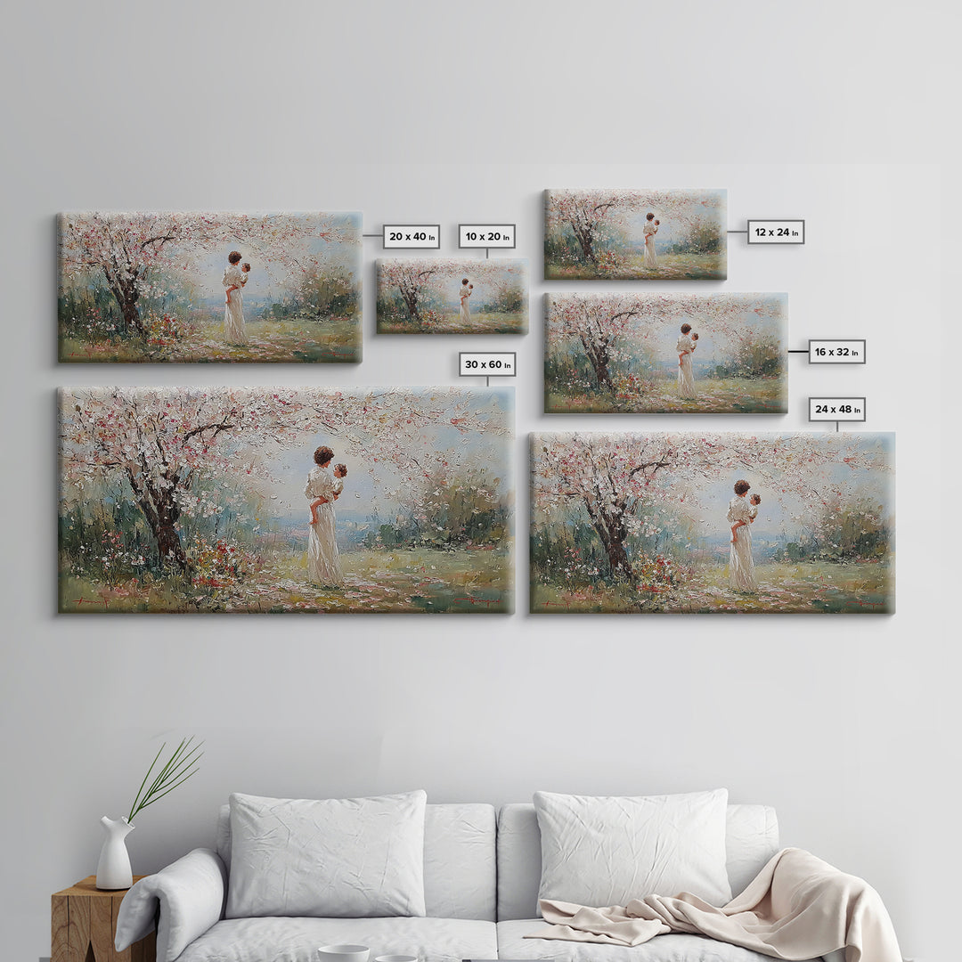Mother And Baby Under Cherry Blossoms Wall Art, Spring Impressionist Landscape Canvas Print, Pink Floral Decor, Gift For Mom