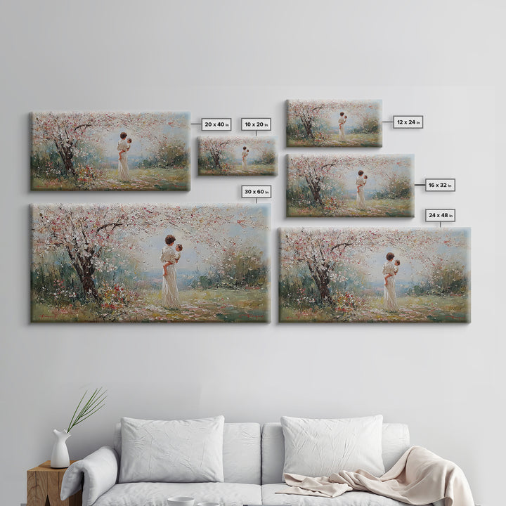 Mother And Baby Under Cherry Blossoms Wall Art, Spring Impressionist Landscape Canvas Print, Pink Floral Decor, Gift For Mom