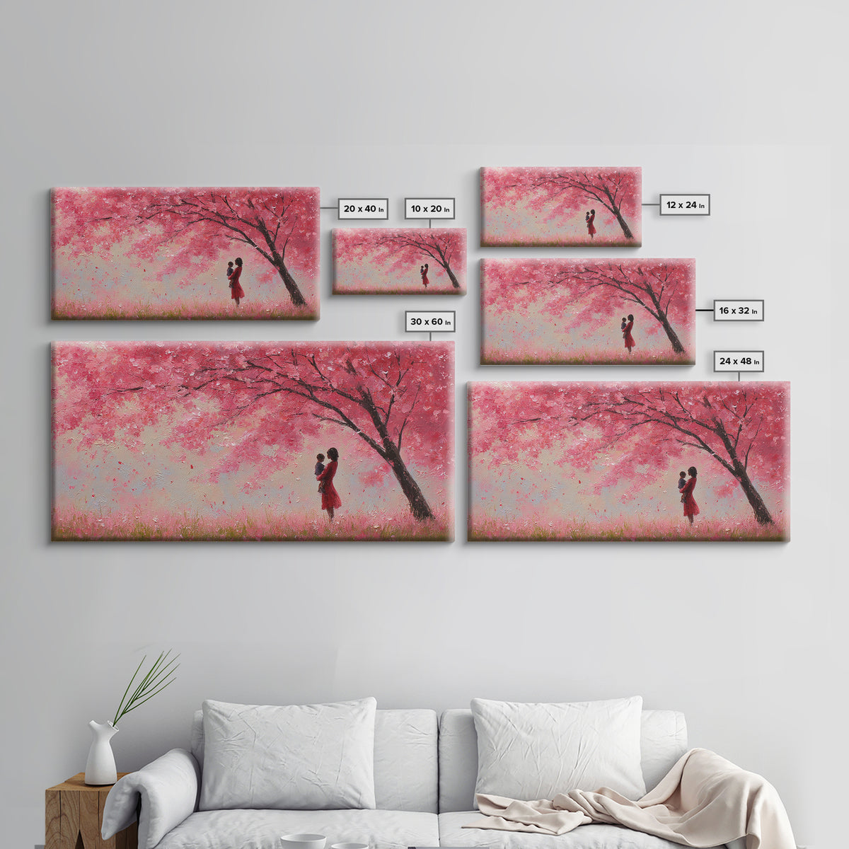 Mother And Baby Beneath Pink Cherry Tree Wall Art, Romantic Spring Landscape Canvas Print, Feminine Decor, Gift For Her, Home Decor