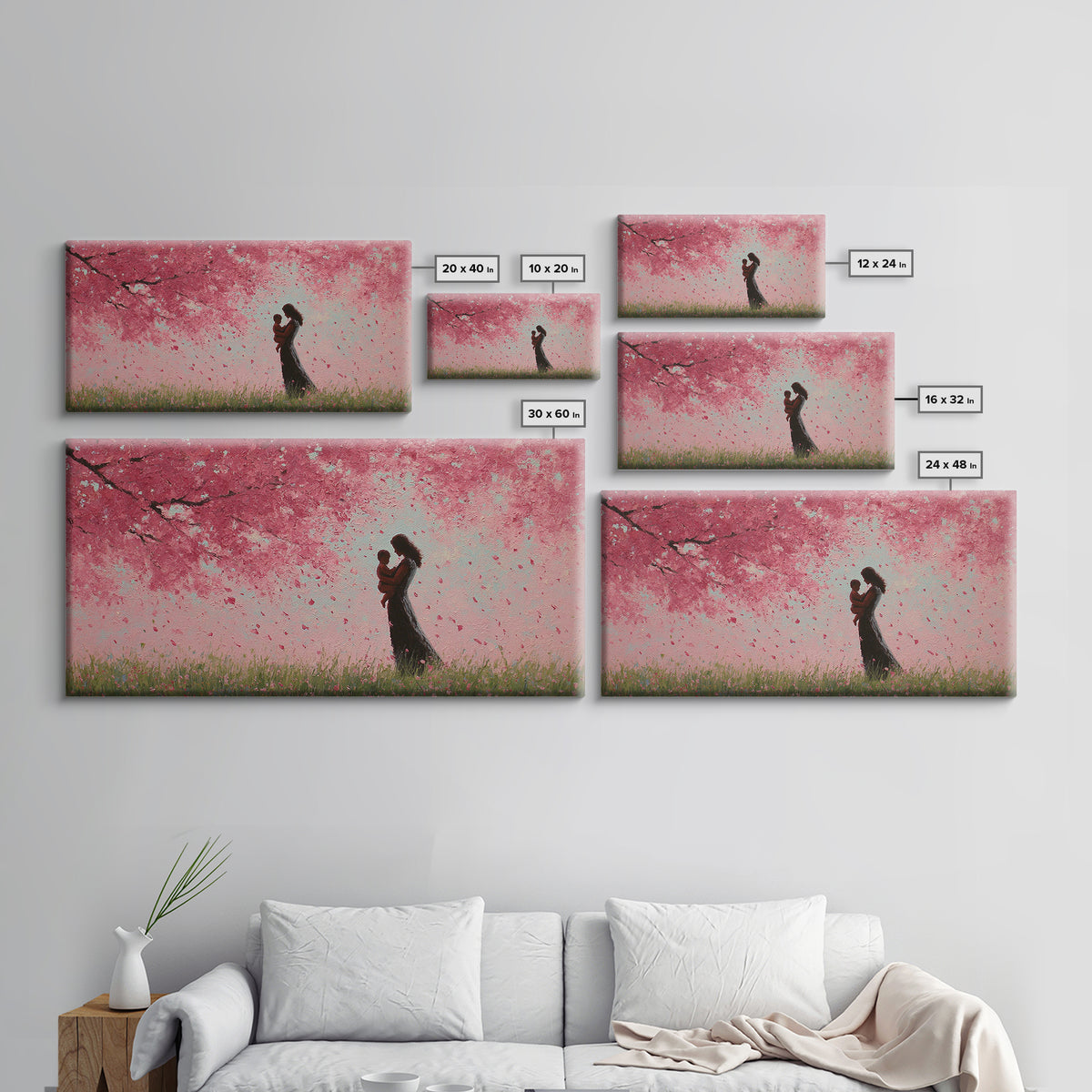Mother And Child In Pink Blossom Rain Wall Art, Romantic Cherry Blossom Canvas Print, Feminine Bedroom Decor, Gift For Mom