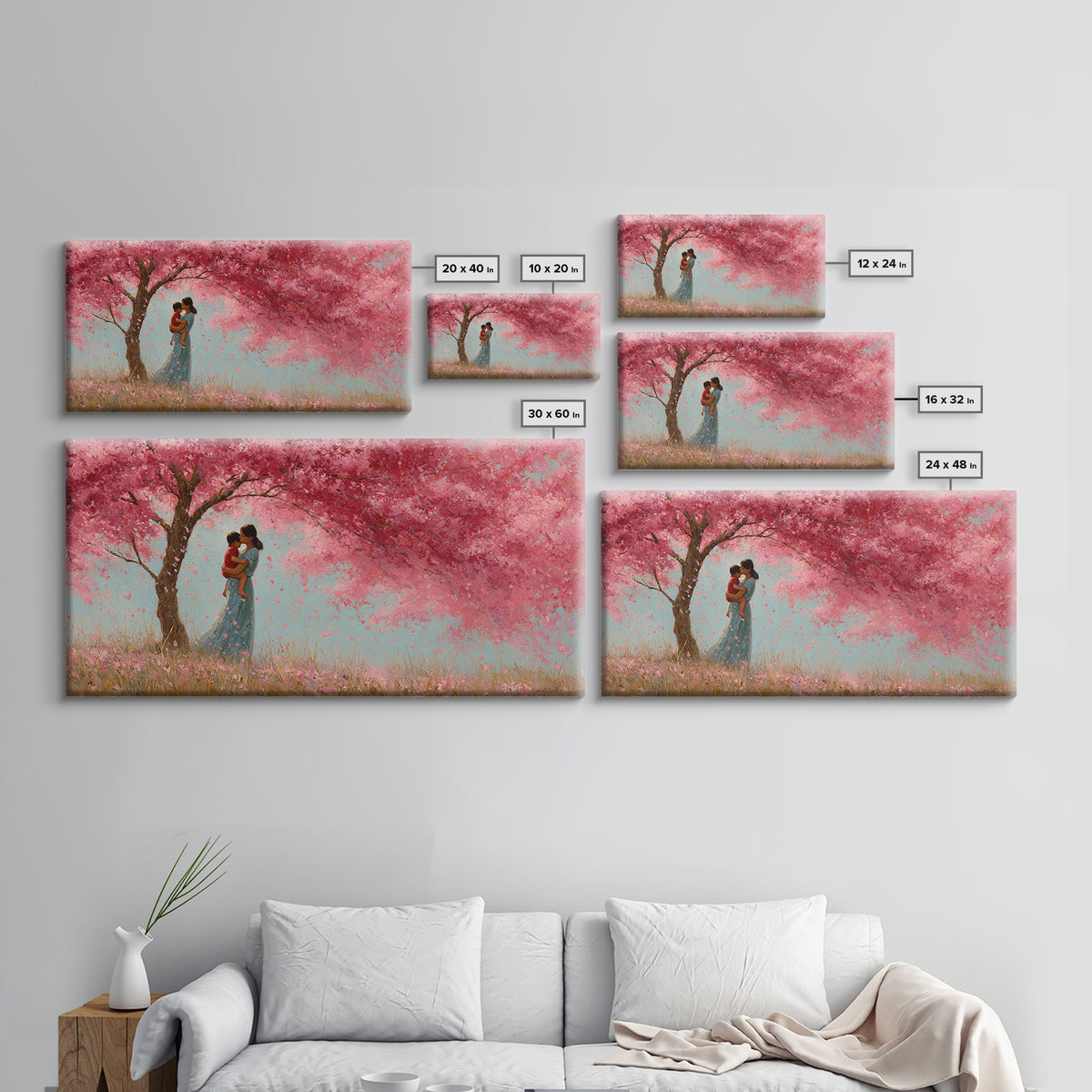 Black Mother And Baby Under Pink Blossoms Wall Art, Angelic Nursery Decor, Feminine Bedroom Print, Gift For Mom, Living Room Decor