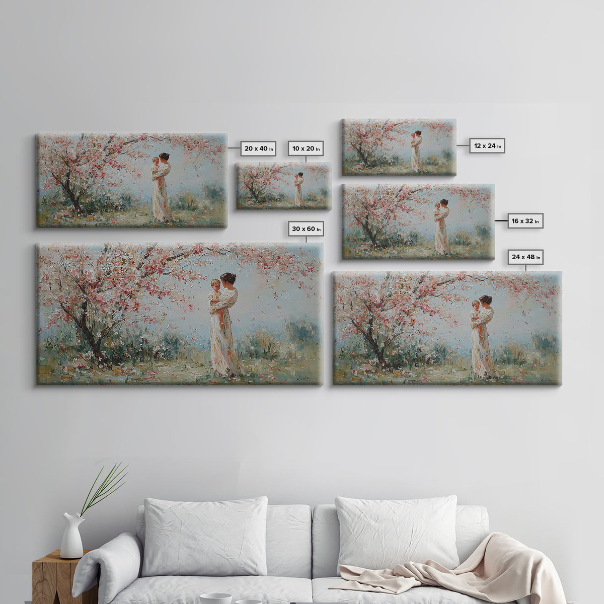 Impressionist Mother Holding Baby Framed Canvas Print, Cherry Blossom Nursery Wall Art, Spring Home Decor, Gift For Her, Mom