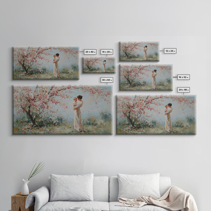 Impressionist Mother Holding Baby Framed Canvas Print, Cherry Blossom Nursery Wall Art, Spring Home Decor, Gift For Her, Mom