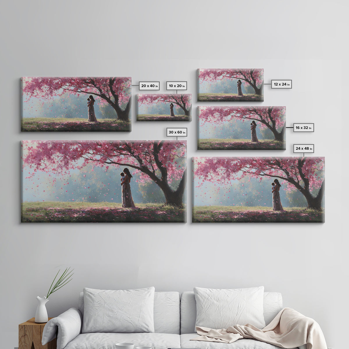 Mother And Child Beneath Pink Cherry Tree Canvas Print, Angelic Wall Art, Nursery Decor, Romantic Bedroom Art, Gift For Mom