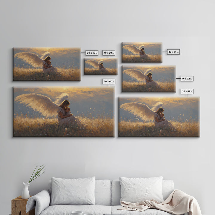 Golden Angel Mother Cuddling Baby Wall Art, Spiritual Canvas Print, Christian Nursery Decor, Calming Bedroom Art, Gift For Mom