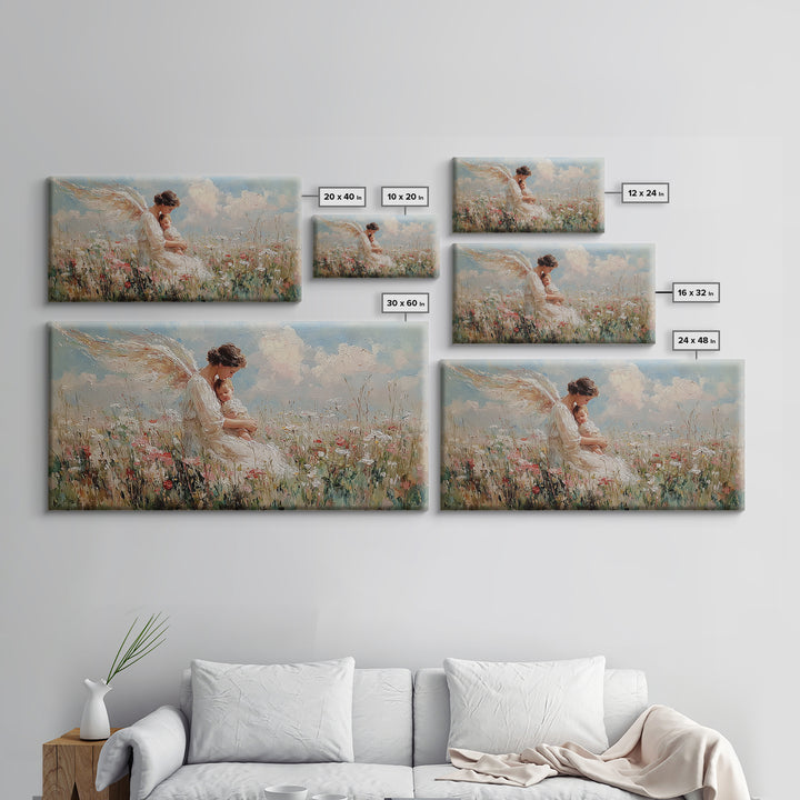 Angel Mother Nursing Baby In Wildflower Meadow Framed Canvas Print, Christian Wall Art, Nursery Decor, Gift For New Mom, Baby Shower Gift