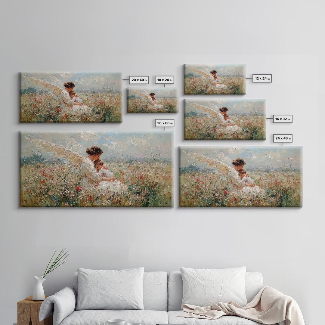 Angel Mother And Sleeping Baby In Meadow Canvas Print, Christian Wall Art, Wildflower Nursery Decor, Baby Shower Gift For New Mom