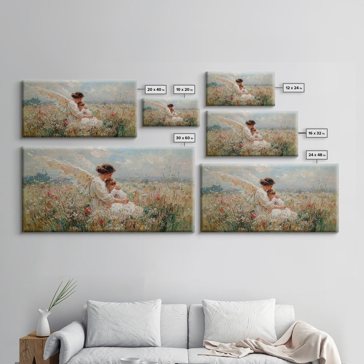 Angel Mother And Sleeping Baby In Meadow Canvas Print, Christian Wall Art, Wildflower Nursery Decor, Baby Shower Gift For New Mom