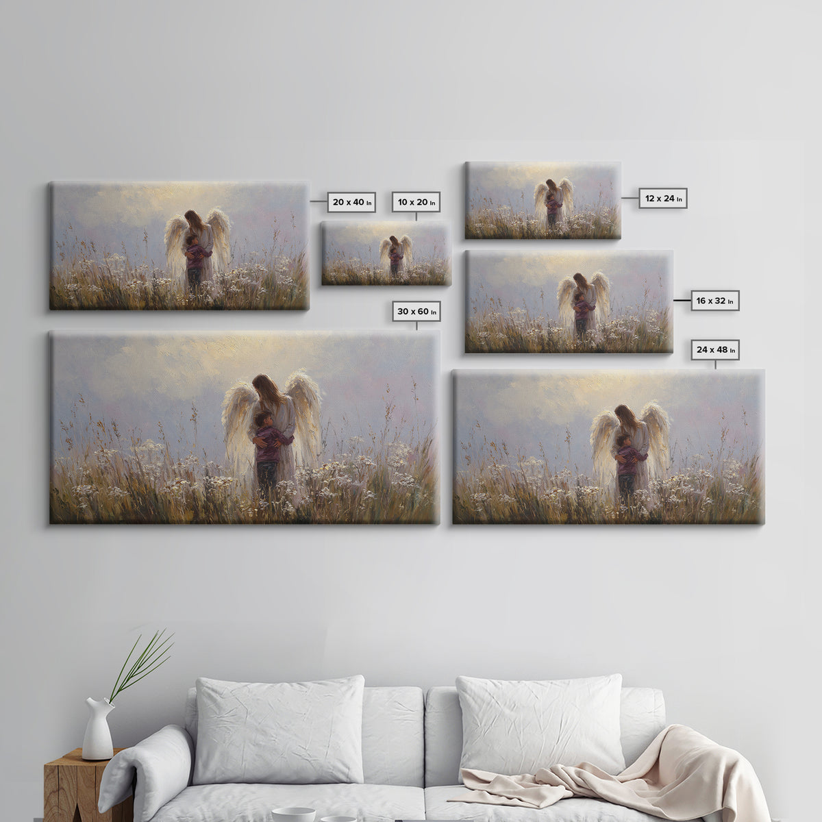Guardian Angel Embracing Young Boy Wall Art, Christian Framed Canvas Print, Spiritual Nursery Decor, Sympathy Gift For Him