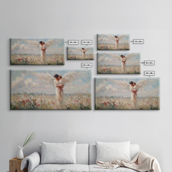 Angel Mother Holding Baby In Flower Meadow Canvas Print, Christian Wall Art, Heavenly Nursery Decor, Baby Shower Gift For New Mom