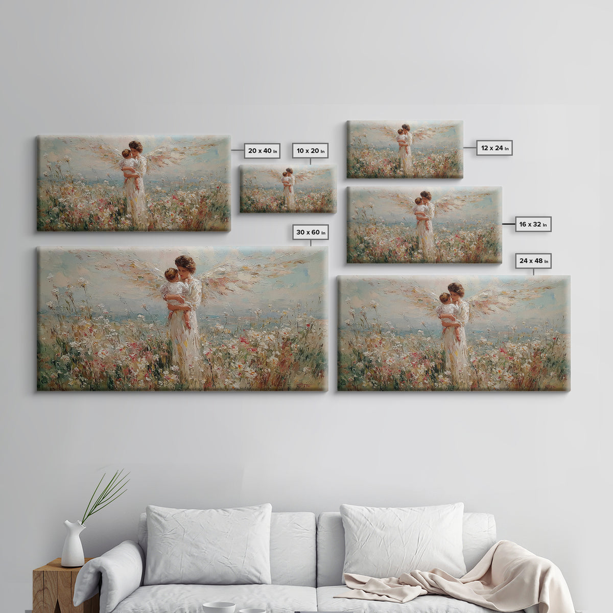 Angel Mother Holding Baby In Wildflower Meadow Canvas Print, Christian Wall Art, Floral Wall Art, Nursery Decor, Gift For Her
