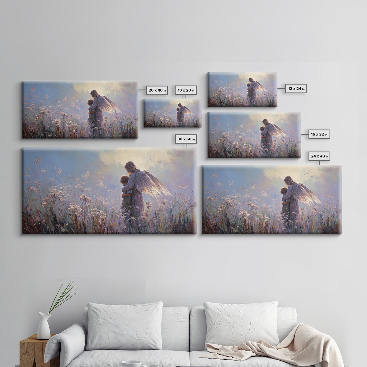 Luminous Guardian Angel With Child In Blue Meadow Canvas Print, Christian Wall Art, Nursery Wall Art, Calming Bedroom Decor