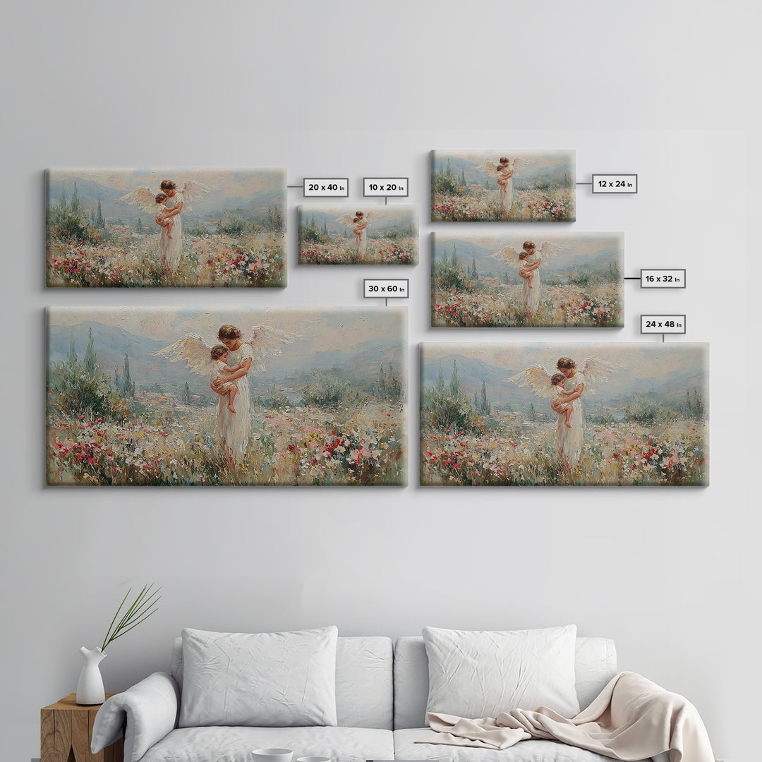 Angel And Baby In Mountain Wildflower Valley Framed Canvas Print, Christian Wall Art, Floral Wall Art, Living Room Decor