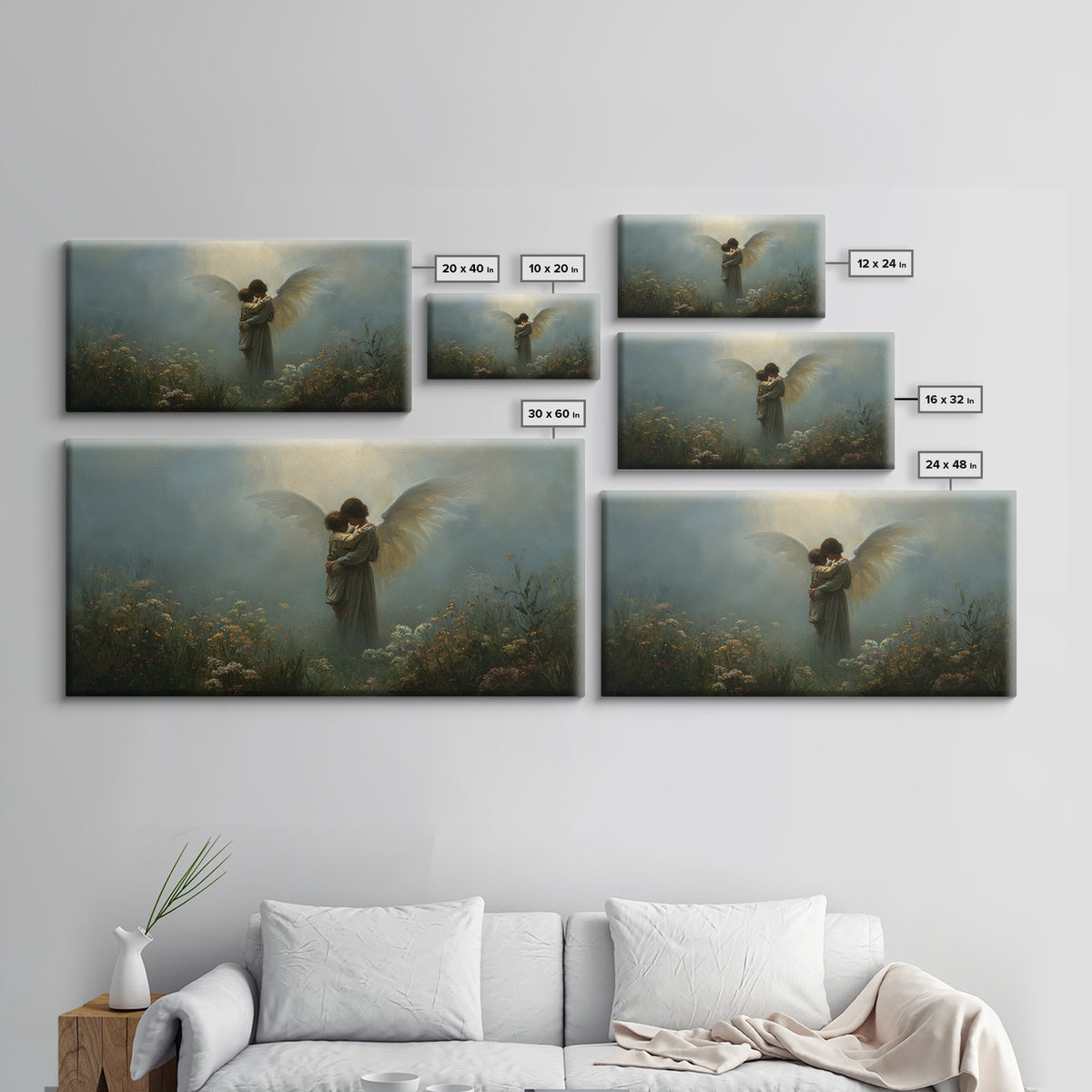 Moody Guardian Angel Embracing Child In Misty Garden Wall Art, Christian Wall Decor, Dark Academia, Housewarming Gift, Bedroom Wall Decor