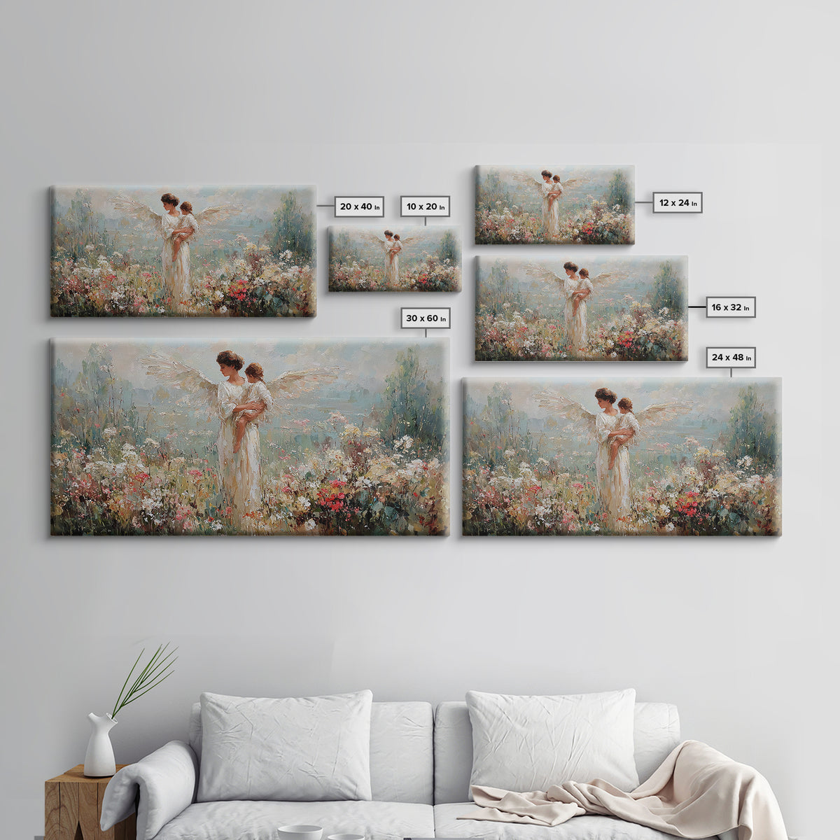 Angel Mother Holding Baby In Blooming Garden Framed Canvas Print, Christian Wall Art, Floral Wall Art, Nursery Decor, Gift For Her
