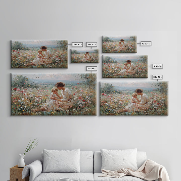 Mother And Baby In Flower Meadow Impressionist Canvas Print, Floral Wall Art, Christian Wall Art, Living Room Decor, Gift For Mom