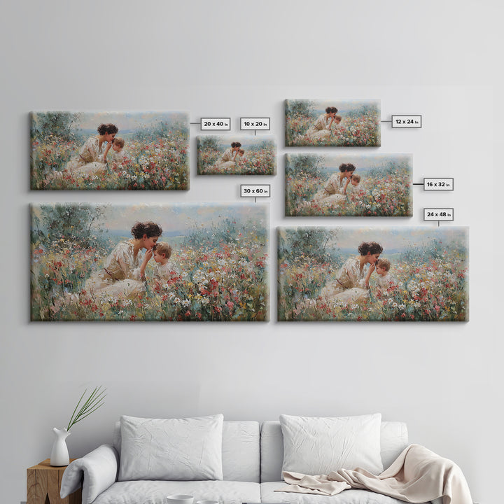 Mother And Child In Wildflower Garden Framed Canvas Print, Floral Wall Art, Christian Wall Art, Living Room Decor, Gift For Her