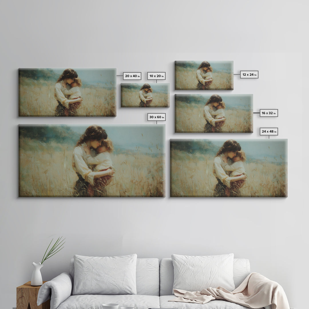 Tender Mother And Child Embrace In Golden Meadow Wall Art, Moody Impressionist Oil Painting, Neutral Bedroom Decor, Gift For Mom