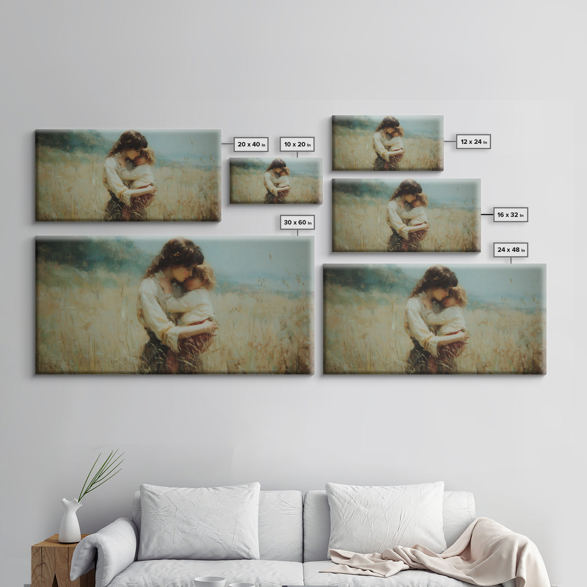 Tender Mother And Child Embrace In Golden Meadow Wall Art, Moody Impressionist Oil Painting, Neutral Bedroom Decor, Gift For Mom