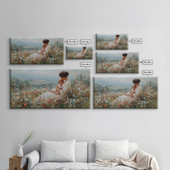 Mother Holding Baby In Wildflower Meadow Canvas Print, Impressionist Floral Landscape, Nursery Wall Art, Housewarming Gift