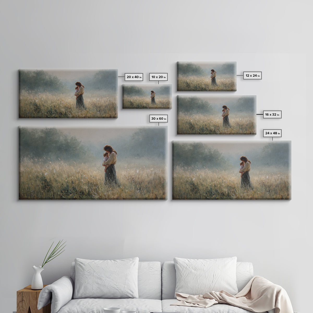 Mother And Child Standing In Misty Meadow Framed Canvas Print, Serene Landscape Painting, Neutral Wall Art, Calming Decor