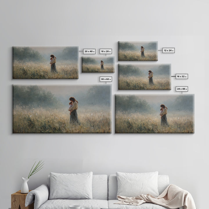 Mother And Child Standing In Misty Meadow Framed Canvas Print, Serene Landscape Painting, Neutral Wall Art, Calming Decor