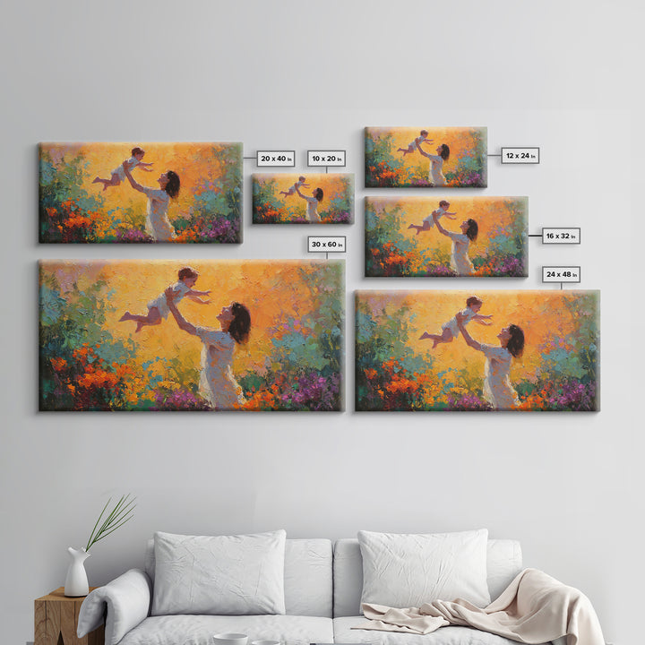 Mother Lifting Child In Glowing Sunset Garden Canvas Print, Colorful Impressionist Painting, Joyful Family Wall Art, Gift For Mom