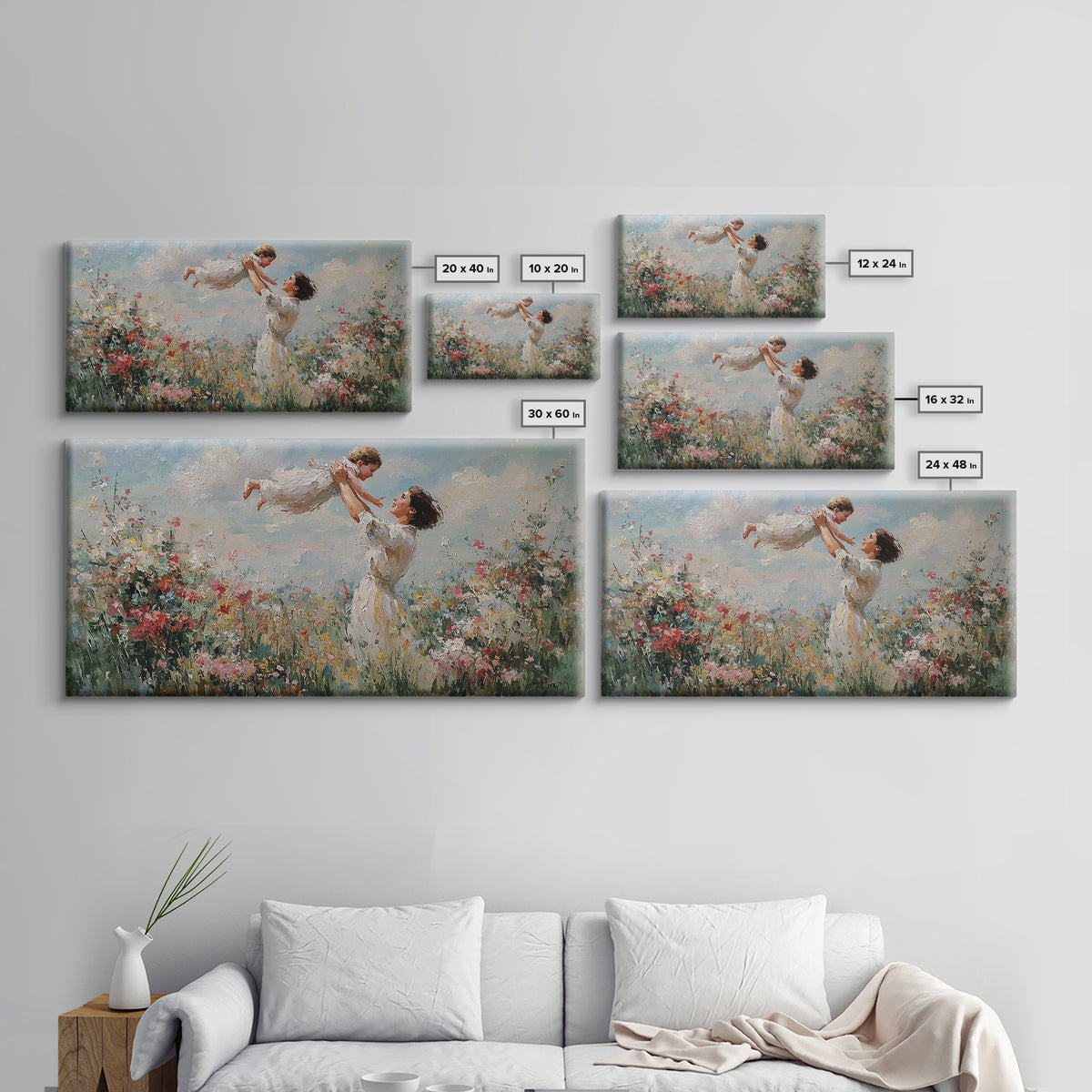 Mother Lifting Daughter Above Wildflower Garden Framed Canvas Print, Impressionist Floral Wall Art, Nursery Decor, Gift For Her