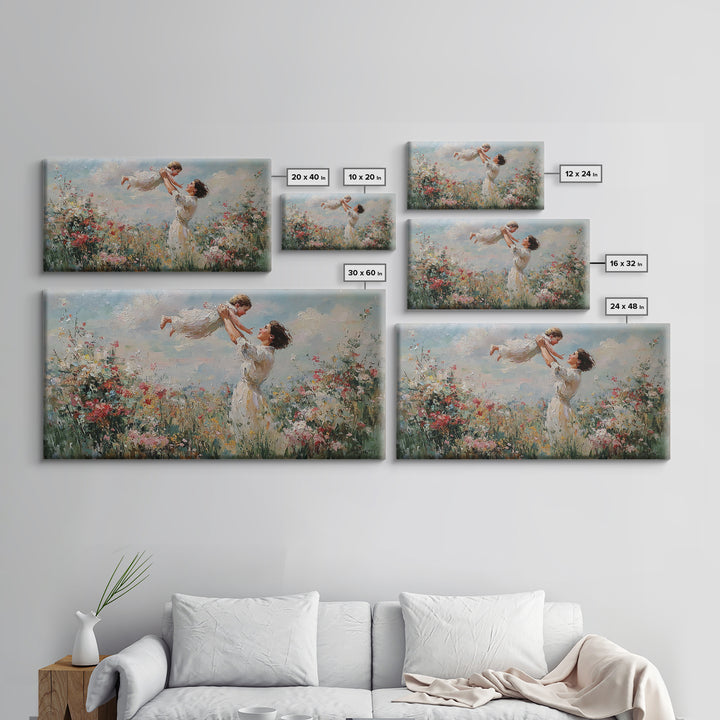 Mother Lifting Daughter Above Wildflower Garden Framed Canvas Print, Impressionist Floral Wall Art, Nursery Decor, Gift For Her