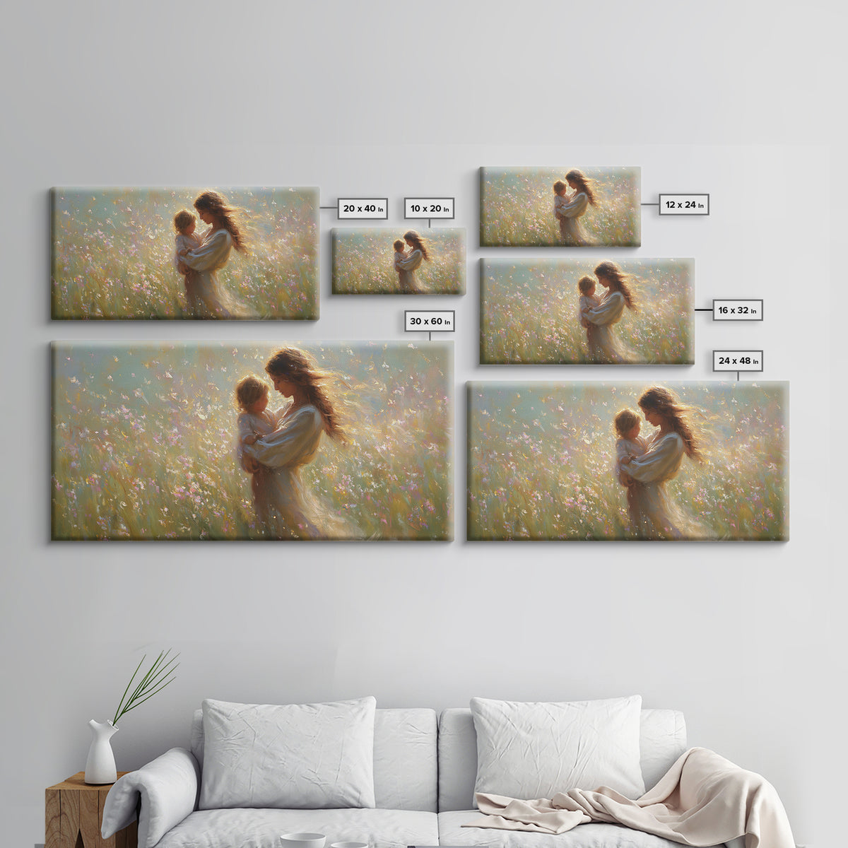 Sunlit Mother And Child In Wildflower Meadow Wall Art, Impressionist Meadow Canvas, Feminine Bedroom Decor, Gift For Mom