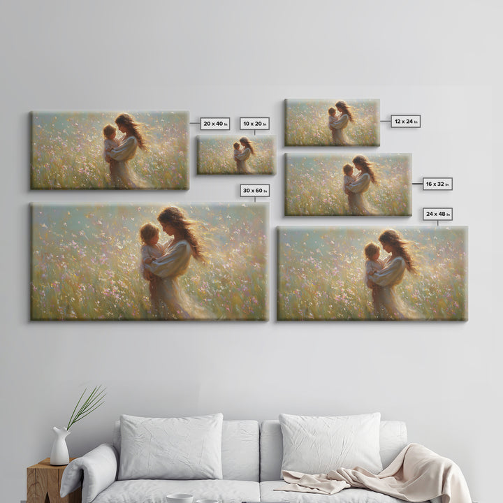 Sunlit Mother And Child In Wildflower Meadow Wall Art, Impressionist Meadow Canvas, Feminine Bedroom Decor, Gift For Mom