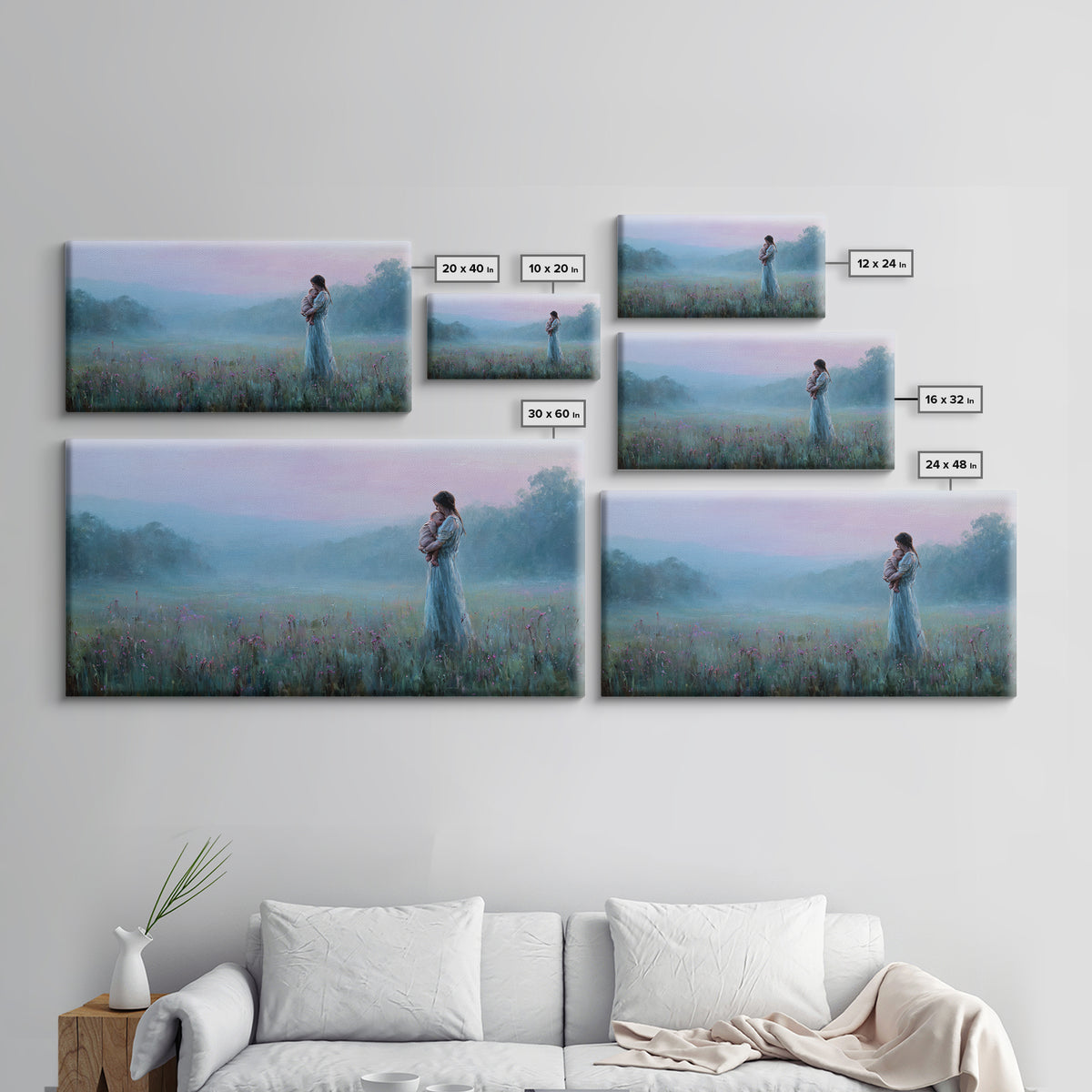 Misty Mother And Baby Meadow Wall Art, Moody Blue Landscape Canvas Print, Calming Bedroom Nursery Decor, Gift For Mom And Her