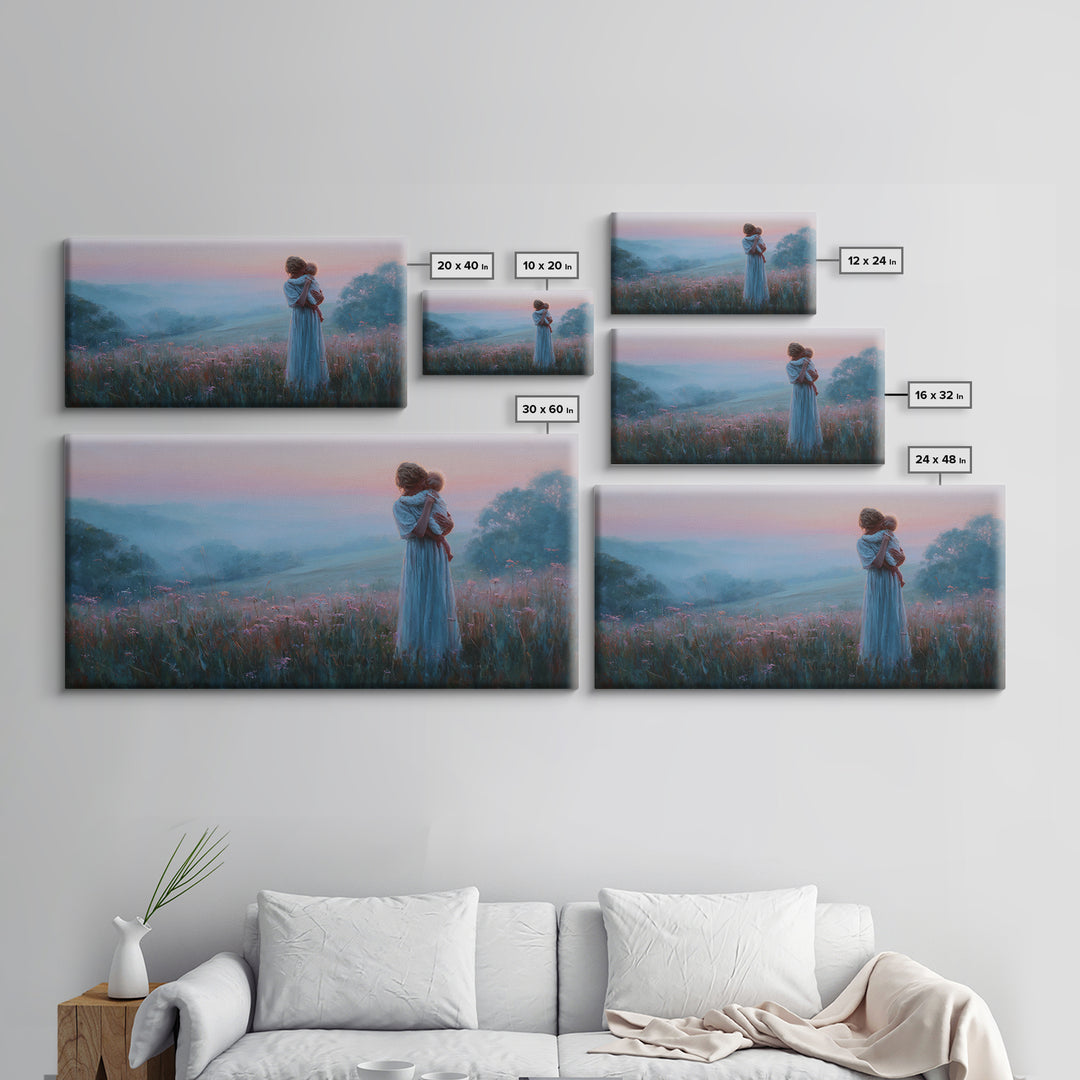 Mother Holding Baby At Pink Dusk Canvas Print, Misty Wildflower Meadow Wall Art, Nursery Decor, Gift For Mom, Serene Bedroom Decor