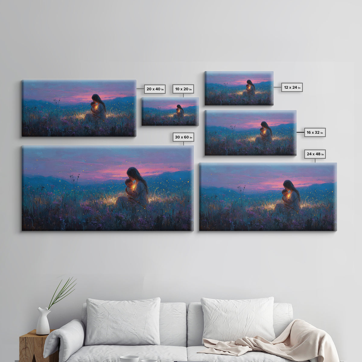 Moonlit Mother And Baby Firefly Wall Art, Celestial Wildflower Meadow Canvas Print, Magical Nursery Decor, Gift For Mom, Home Decor