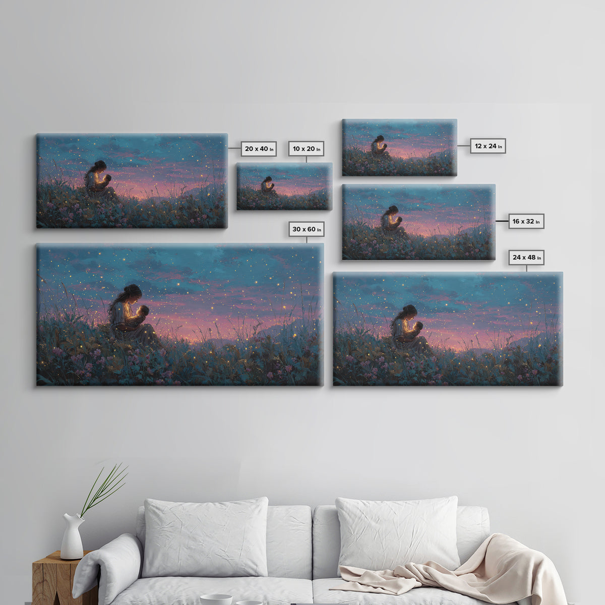 Starlit Mother Nursing Baby Meadow Wall Art, Firefly Night Landscape Canvas Print, Celestial Nursery Decor, Gift For Mom
