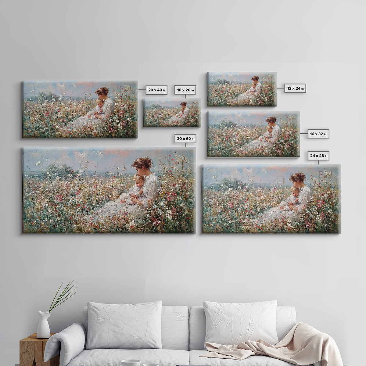 Mother And Baby In Coastal Wildflower Meadow Wall Art, Impressionist Framed Canvas Print, Nursery Decor, Gift For Mom, Home Decor